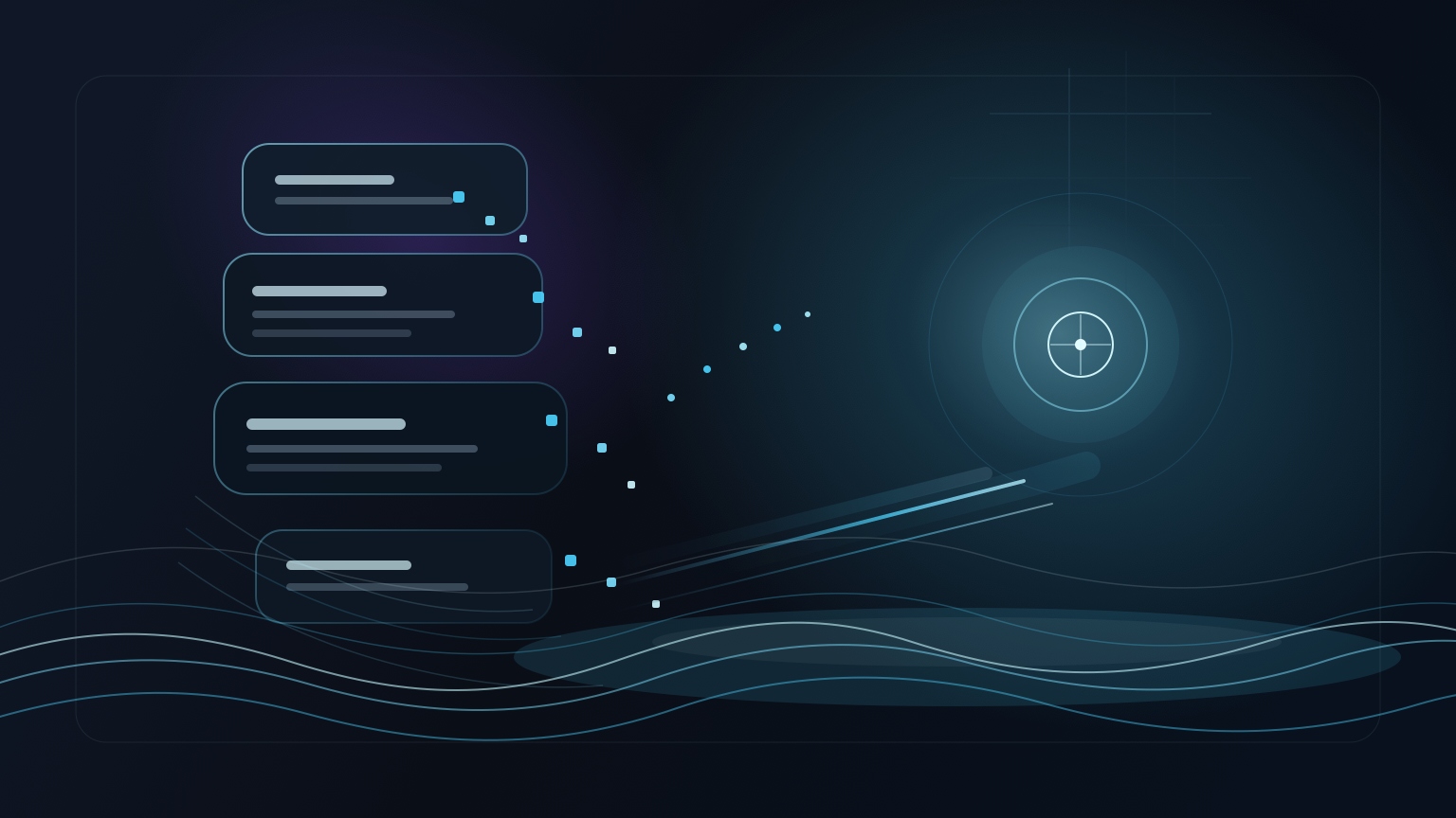 Abstract identity cards dissolving into cyan waves and a luminous horizon